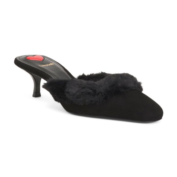 NEW LARROUDE Handmade In Brazil Suede Amal Faux Fur Kitten Heel Mules 925 13t7 - Picture 9 of 11